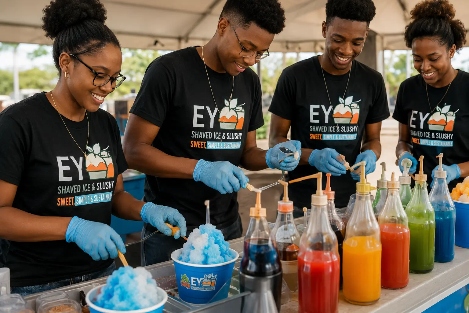 Youth team members preparing shaved ice at an EY event